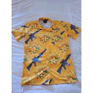 OAF NATION All Over Print Orange Floral Gun Button Up Hawaiian Shirt Size Medium